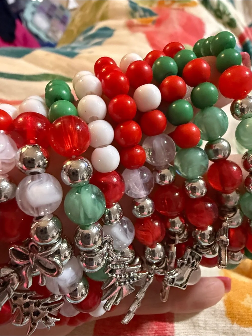 New Set of 10 Christmas Charm Beaded Stretch Bracelets Kids or small adult